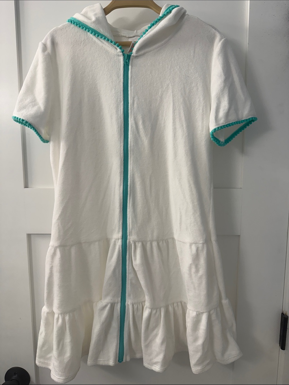 White Hooded Kids Swim Coverup with Teal Trim
